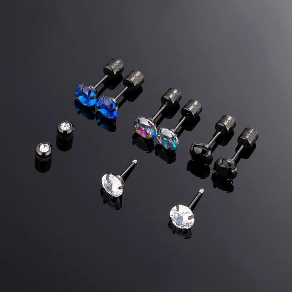 Set of 6 Black Screw Back CZ Stud Earrings for Women and Men, Hypoallergenic 316 - Picture 7 of 9